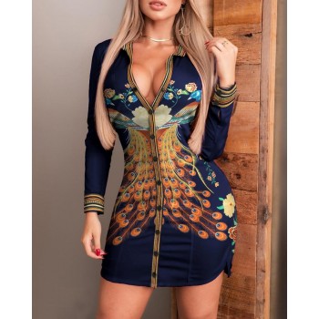 Women Fashion Elegant Casual Long Sleeve Mini Phoenix Print Button Design Sides Slit Shirt Dress